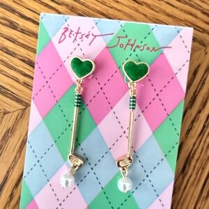 Betsey Johnson Golf Club Pearl Drop Heart Earrings - Green